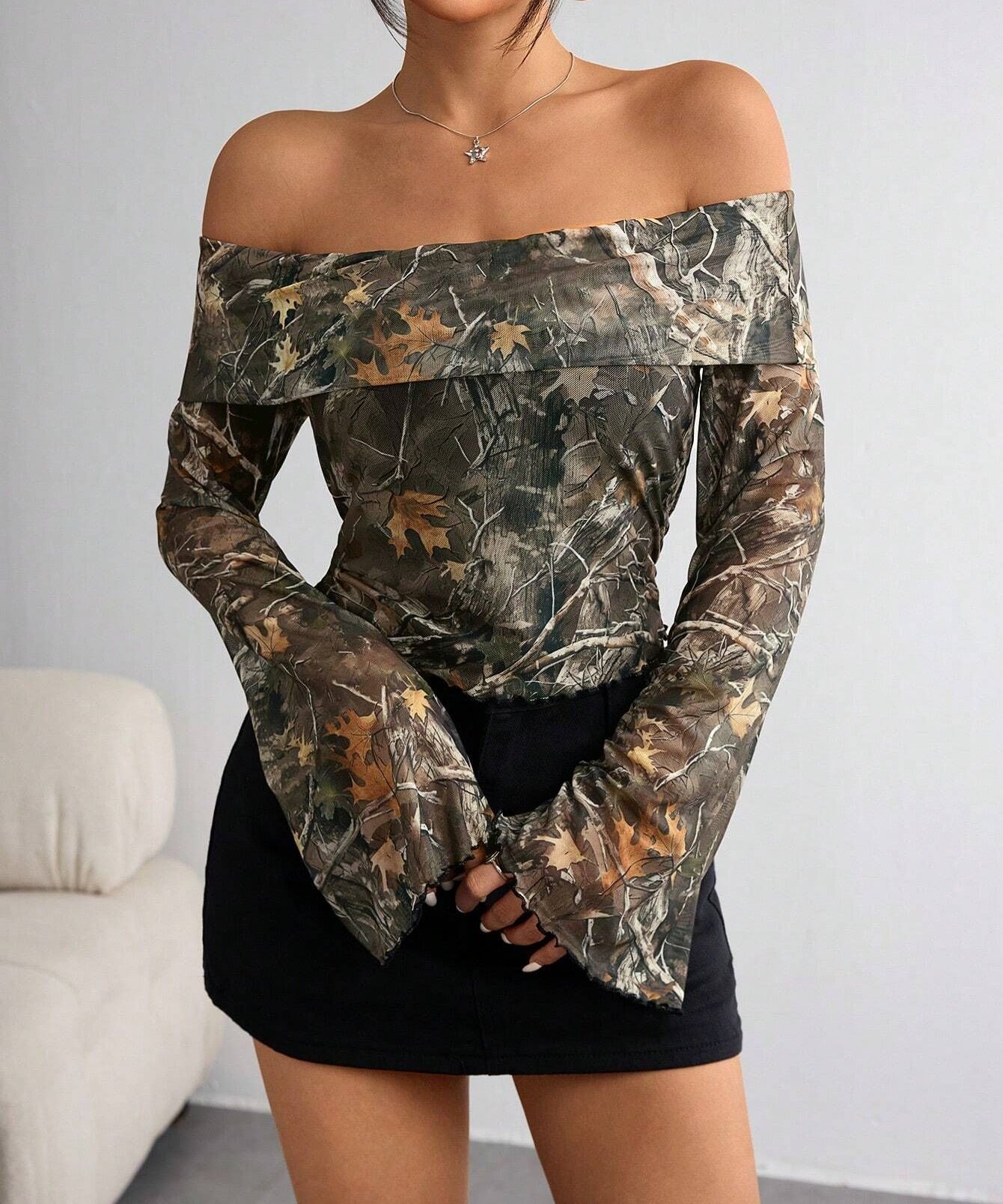 Women's Olive Mesh Off-Shoulder Top