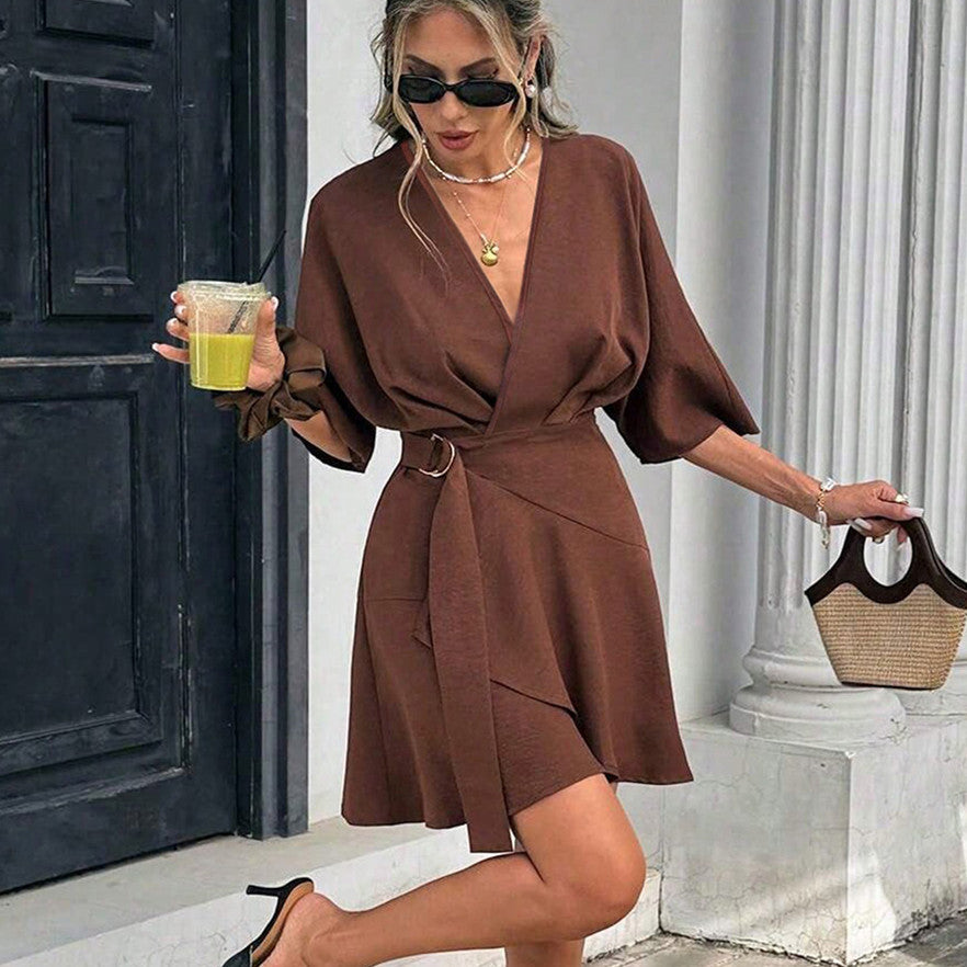Women's Brown V-Neck Wrap-Style Dress