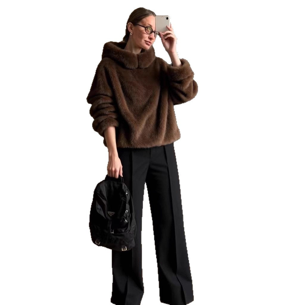 Women's Faux Mink Fur Pullover Hoodie