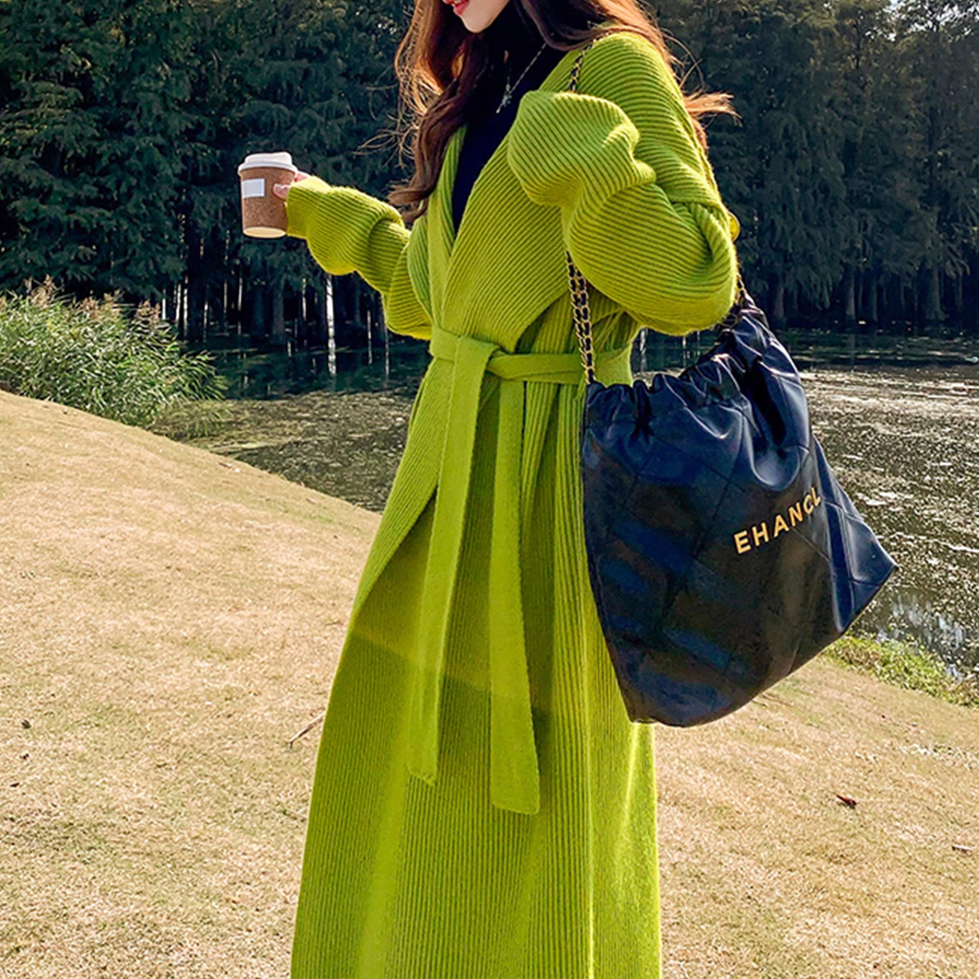 Women's green alpaca wool sweater coat product image 3