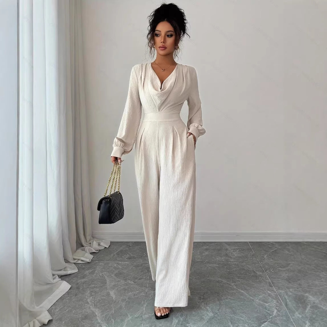 Women's Beige Off-Shoulder Long-Sleeve Jumpsuit