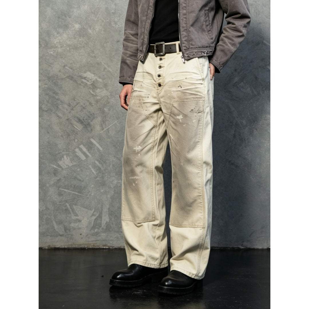 Men's Cream Wide-Leg Baggy Jeans