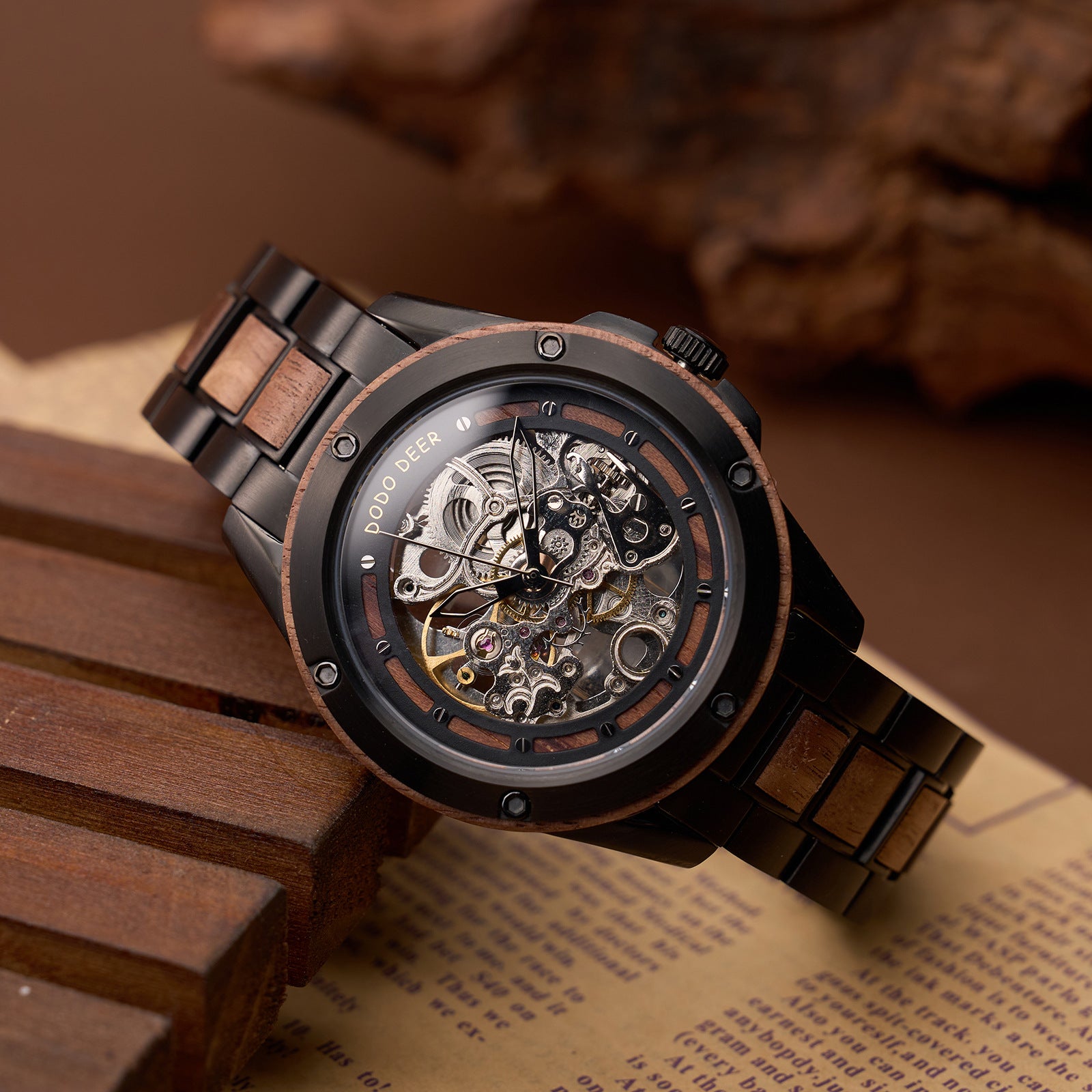 Men's Openwork Wooden Mechanical Watch