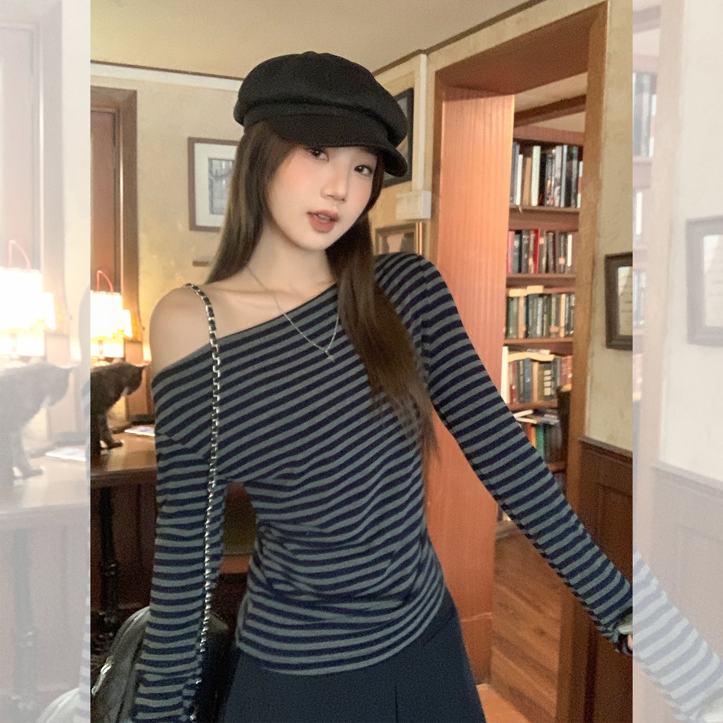 Women's Blue-Gray Striped Slim-Fit Long-Sleeve Top