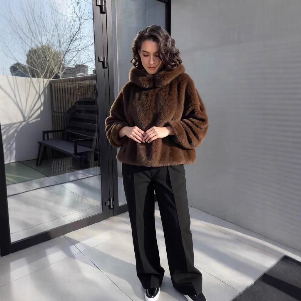 Women's Faux Mink Fur Pullover Hoodie