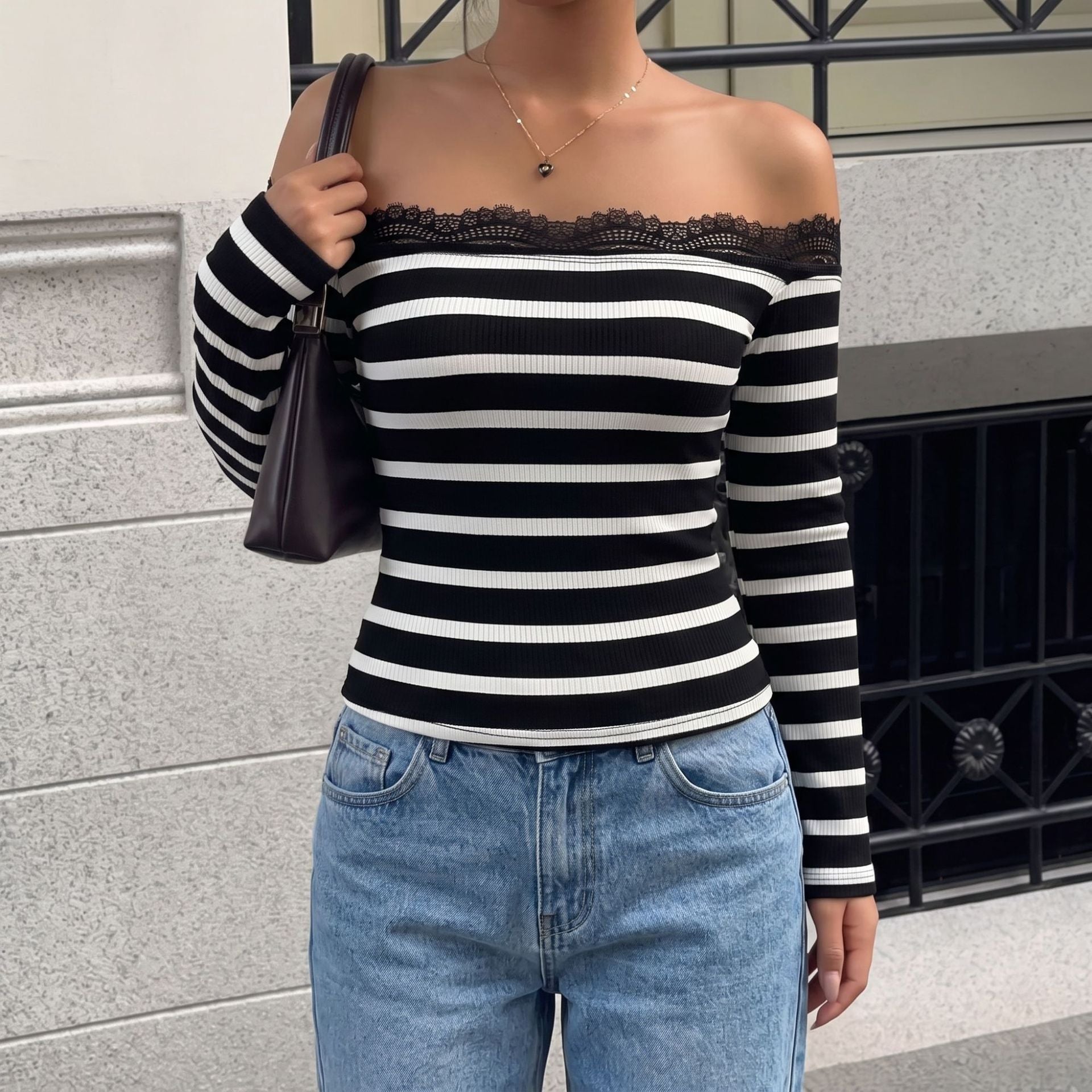 Women's Black Striped Lace Boat-Neck Top