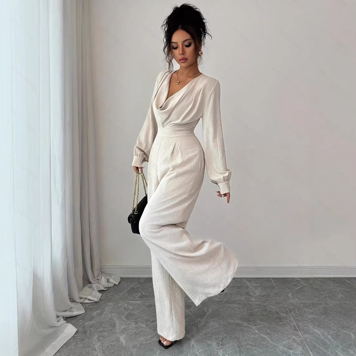 Women's Beige Off-Shoulder Long-Sleeve Jumpsuit