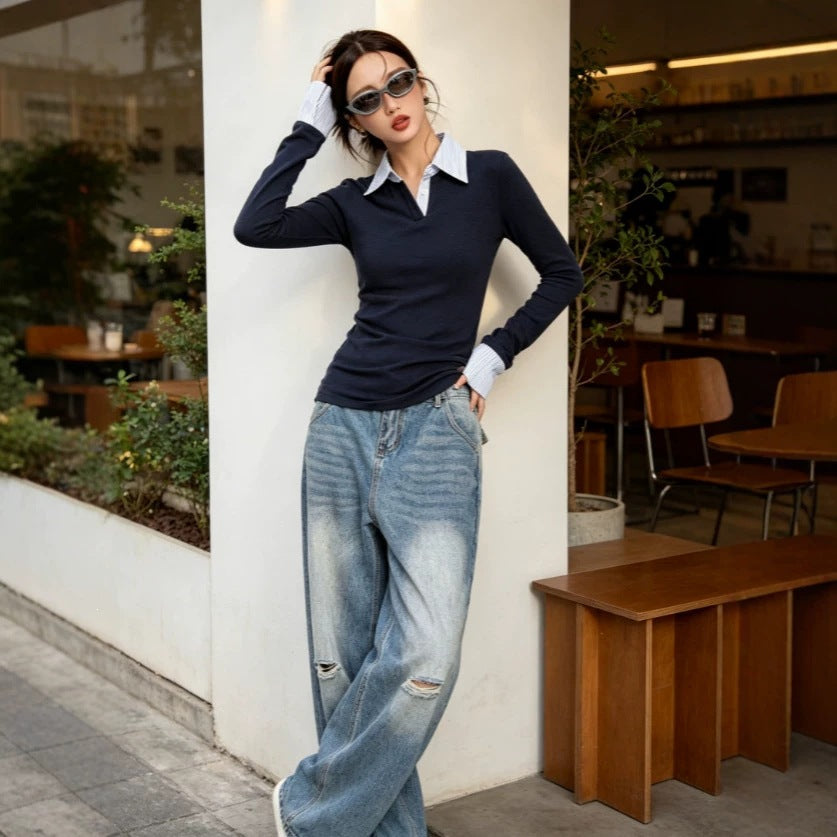 Women's Striped Slim-Fit Long-Sleeve Top
