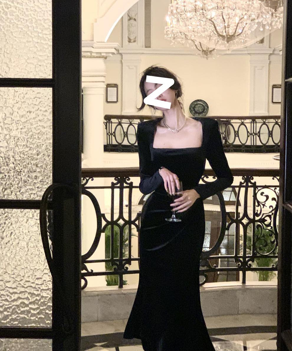 Black Velvet Shoulder-Pad Dress