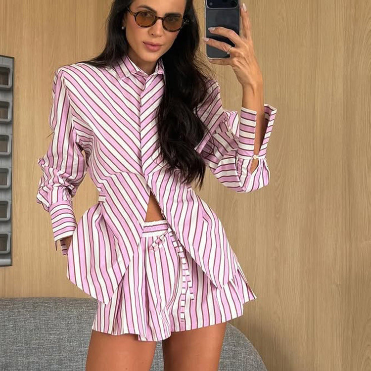 Women's Striped Shirt and Shorts Two-Piece Set