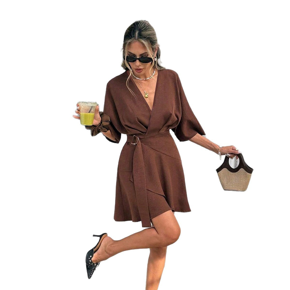 Women's Brown V-Neck Wrap-Style Dress
