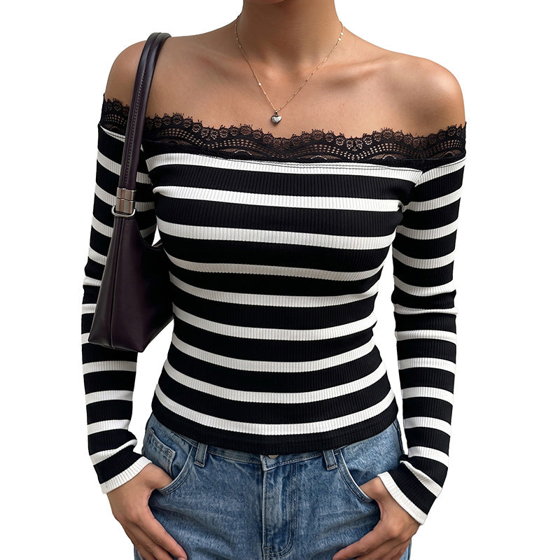 Women's Black Striped Lace Boat-Neck Top