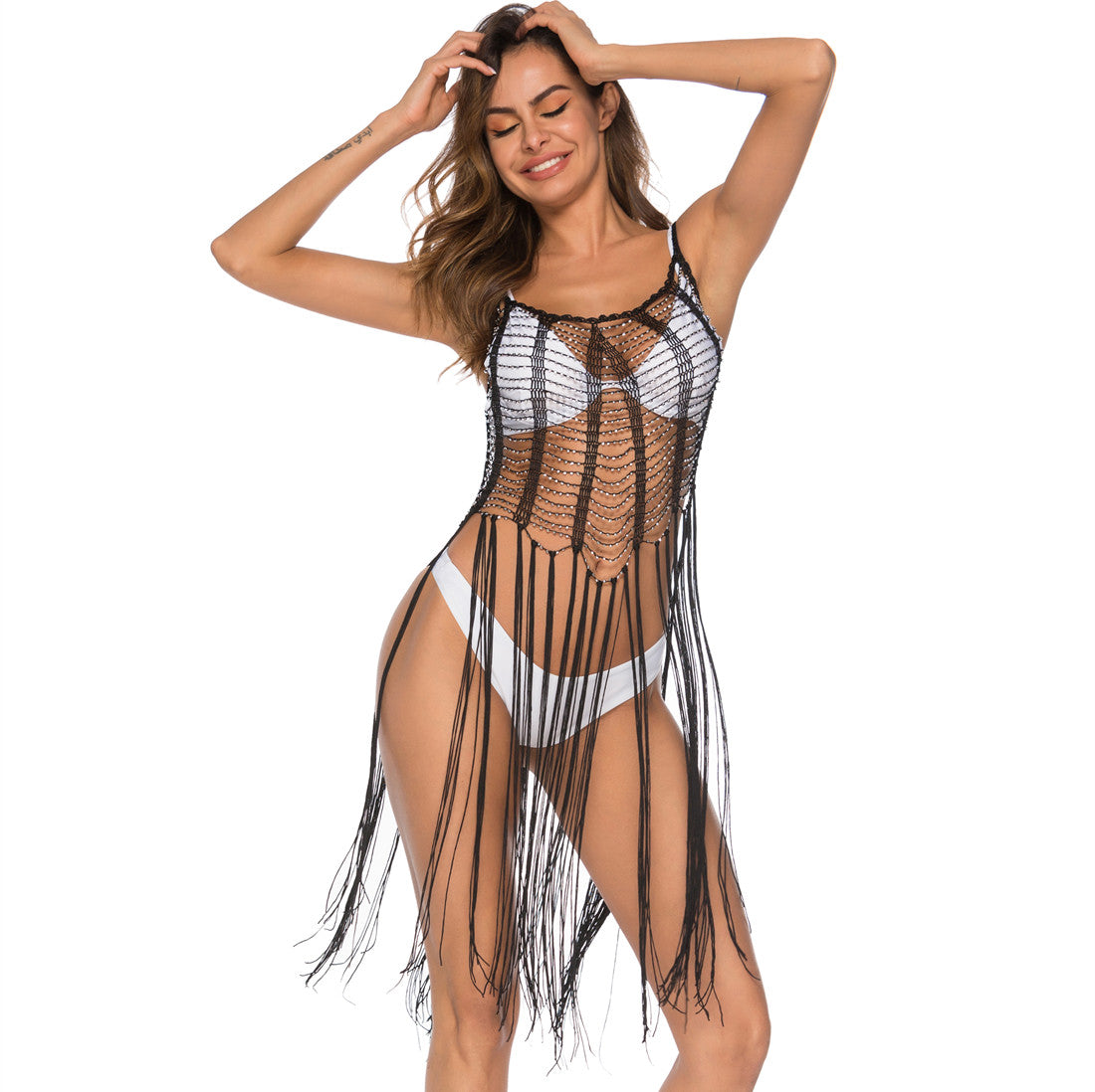 Beaded Spaghetti-Strap Beach Cover-Up Dress
