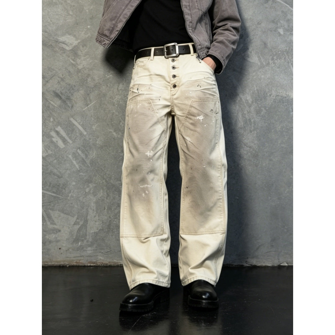 Men's Cream Wide-Leg Baggy Jeans