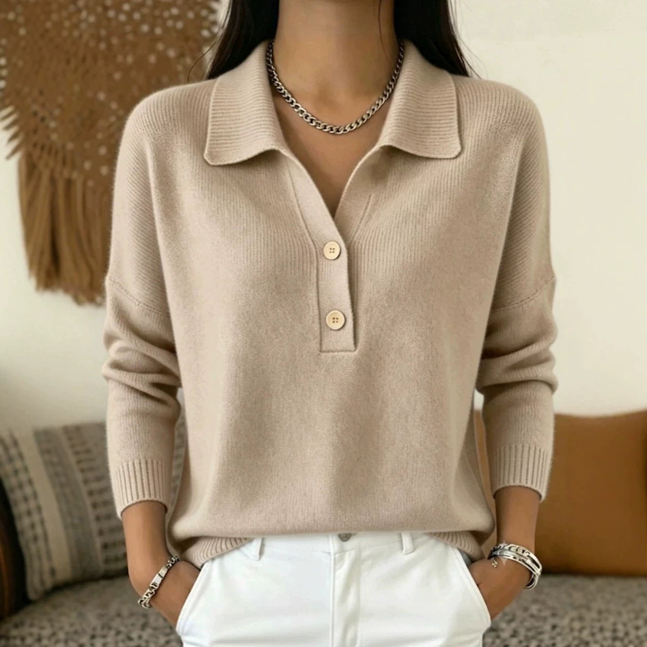Women's Relaxed Polo Collar Knit Sweater - image 2
