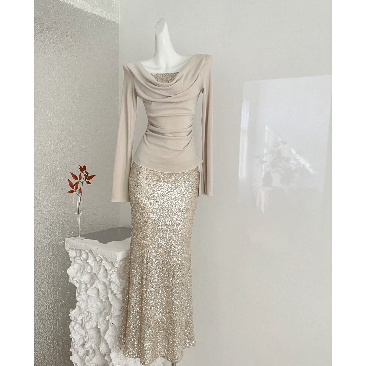 Champagne Gold Sequin Two-Piece Evening Gown