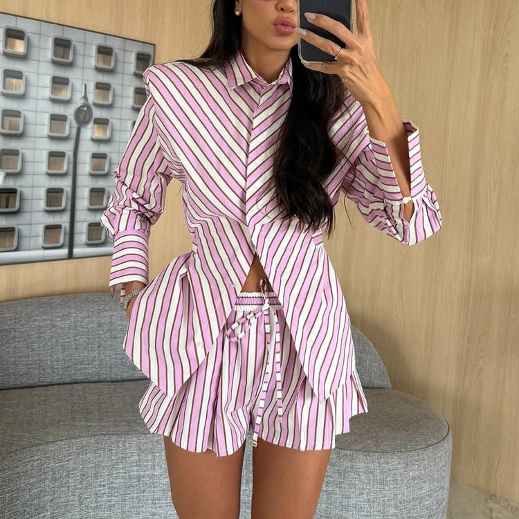 Women's Striped Shirt and Shorts Two-Piece Set
