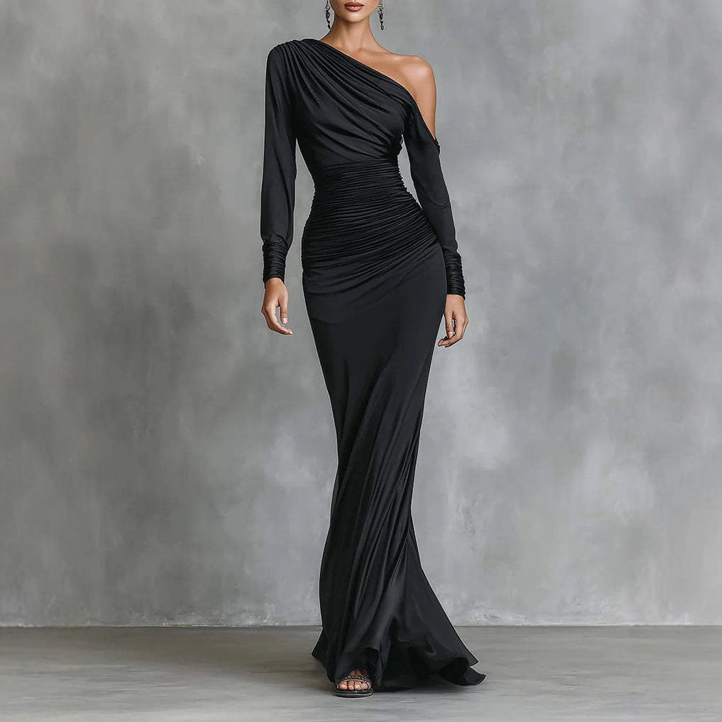 Black Off-Shoulder Long-Sleeve Maxi Dress